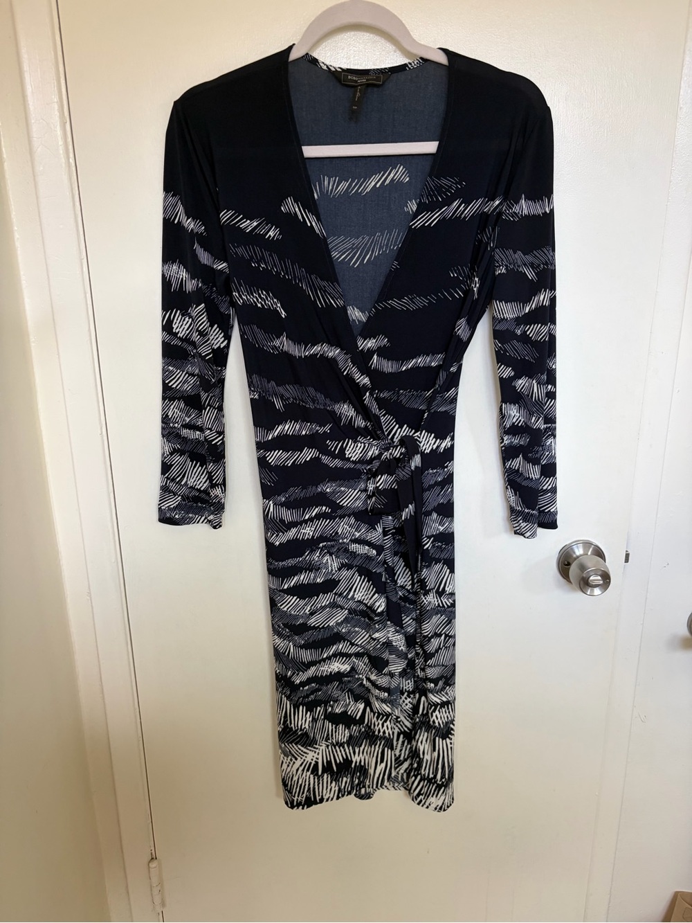 BCBGMaxAzria Navy and White Long-Sleeve Wrap-Style Dress